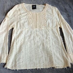 Boho Western Fringe Frayed RU Apparel Shirt, 100% Cotton Cream Top, Small